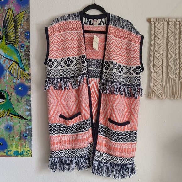 NWT Lucky Brand Fringe Jacquard Sweater Vest Open Front Sleeveless Cardigan XS/S - Picture 2 of 9